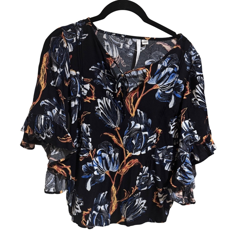 Lauren Conrad Floral Flutter Sleeve‎ Blouse Top Womens Black Blue Orange Size XS